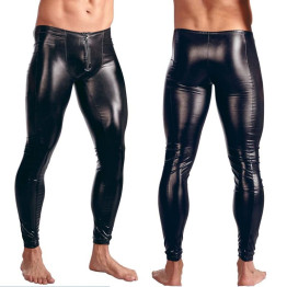 Mens Black Faux Patent Leather Pants Stage Skinny Performance Pants Stretch Leggings Men Sexy Bodywear Trousers