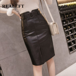 REALEFT Autumn Winter OL Elegant Pencil Midi Skirts High Waist Black PU Leather Split Sheath Wrap Skirts with Belt Female 2019