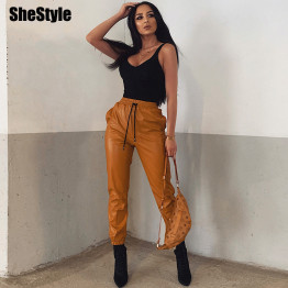 Shestyle PU Leather Drawstring Winter Jogger Pants Women High Waist Sexy Casual Loose Thick 2019 Autumn Trousers Outfit Clothing