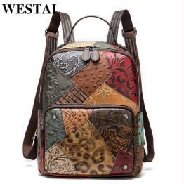 WESTAL Vintage Women Backpacks Genuine leather Floral School Bag for Girls Zip Female School Backpack Patchwork Daypack 86343