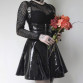 Women Gothic Black A-line Faux Patent Leather PU Buckle Short Shiny Front Zipper High Waist Sleeveless Punk Mini Dress 914-A117