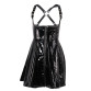 Women Gothic Black A-line Faux Patent Leather PU Buckle Short Shiny Front Zipper High Waist Sleeveless Punk Mini Dress 914-A117