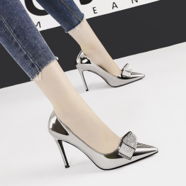 woman wedding slip on pumps luxury high heels shoes fashion crystal bow shallow slides zapatos mujer black bronze silver gold