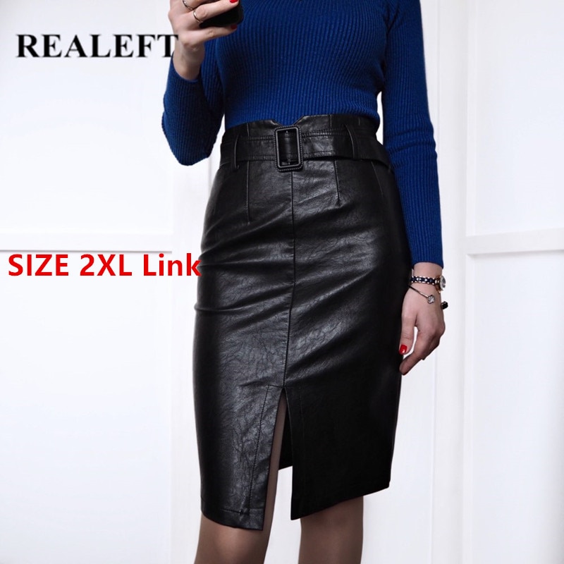 REALEFT-Autumn-Winter-OL-Elegant-Pencil-Midi-Skirts-High-Waist-Black-PU-Leather-Split-Sheath-Wrap-Sk-4000034292995