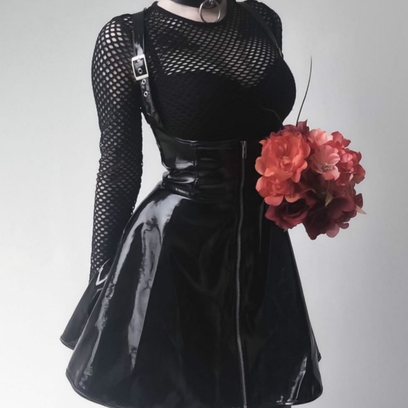 Women-Gothic-Black-A-line-Faux-Patent-Leather-PU-Buckle-Short-Shiny-Front-Zipper-High-Waist-Sleevele-33028443364
