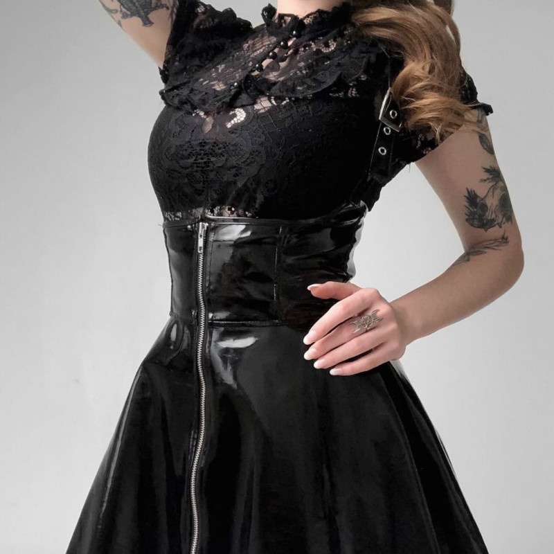 Women-Gothic-Black-A-line-Faux-Patent-Leather-PU-Buckle-Short-Shiny-Front-Zipper-High-Waist-Sleevele-33028443364